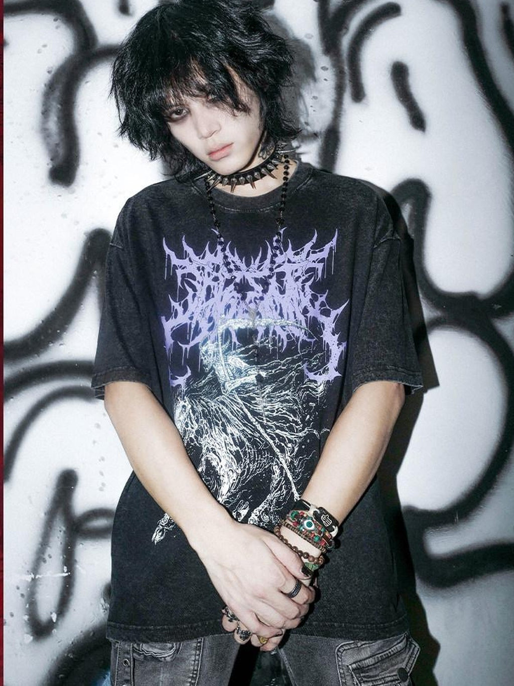 RebelSeed Washed Black Skull Print Heat Transfer Women's Cotton Short Sleeve T-shirts