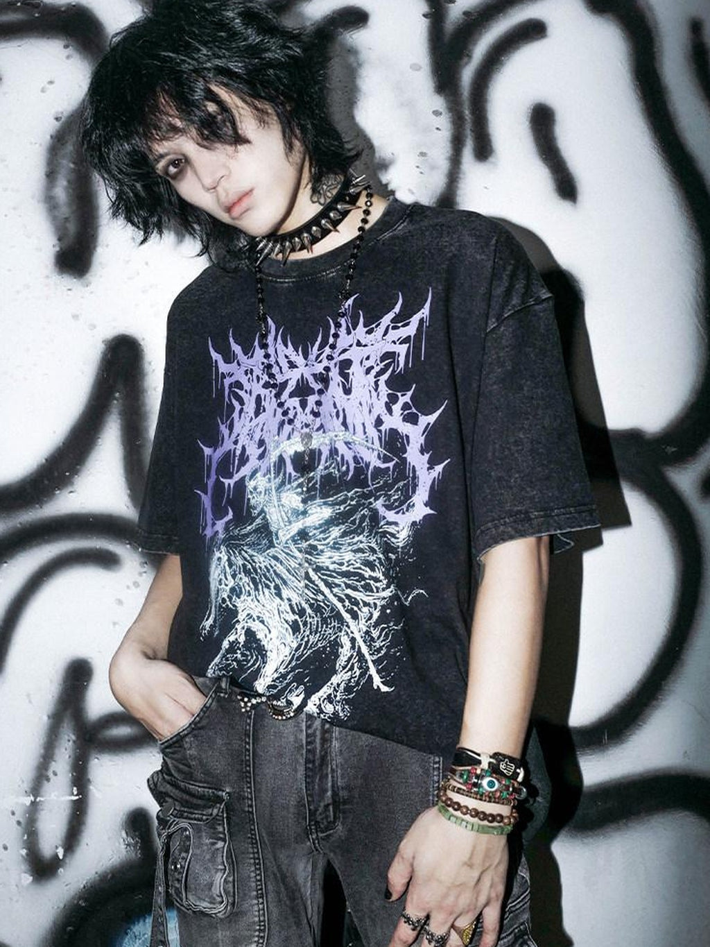 RebelSeed Washed Black Skull Print Heat Transfer Women's Cotton Short Sleeve T-shirts
