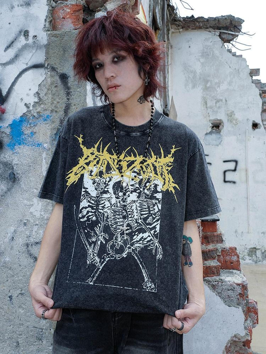RebelSeed Washed Black Skull Print Loose Women's Cotton Short Sleeve T-shirts