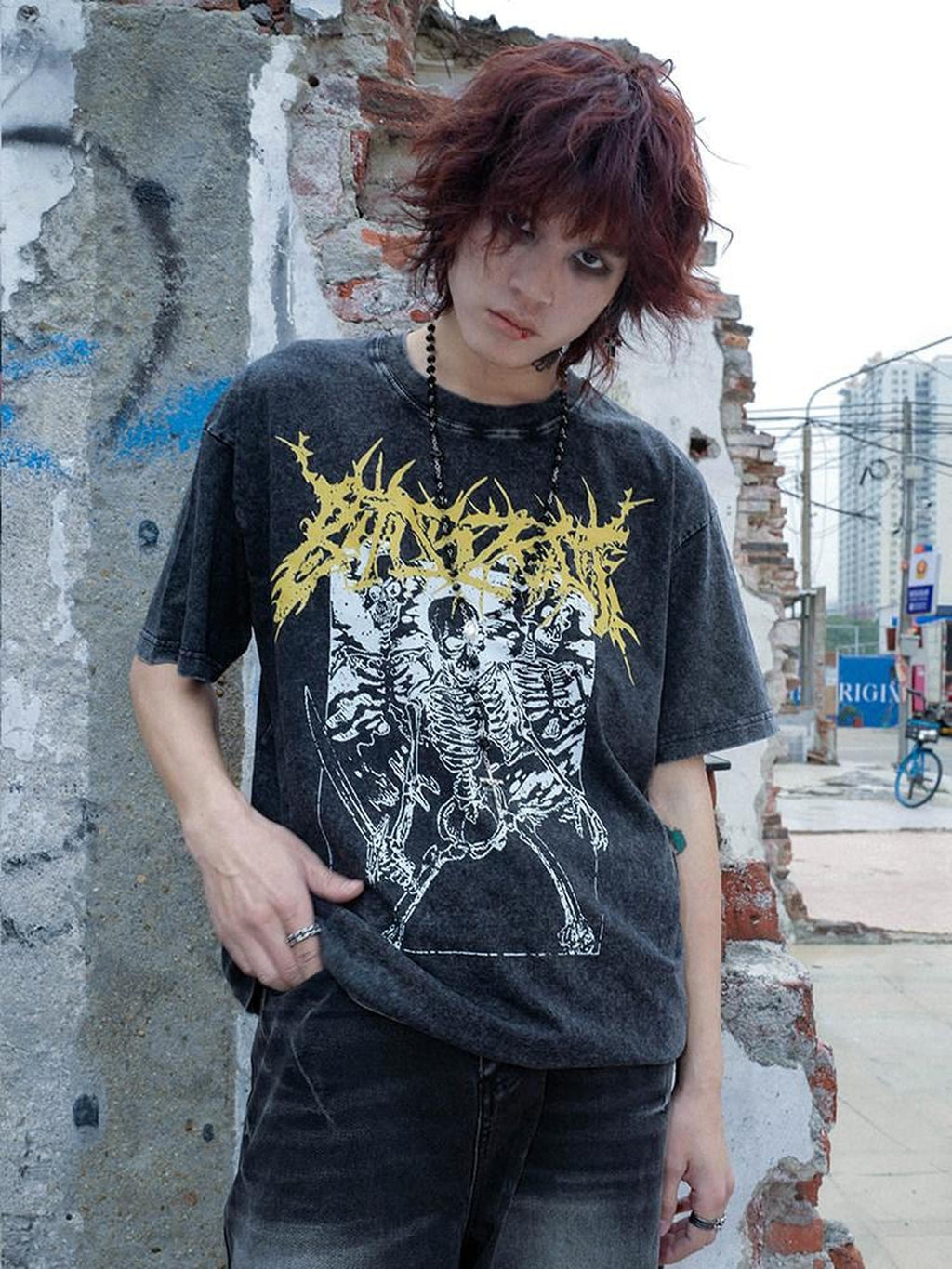 RebelSeed Washed Black Skull Print Loose Women's Cotton Short Sleeve T-shirts