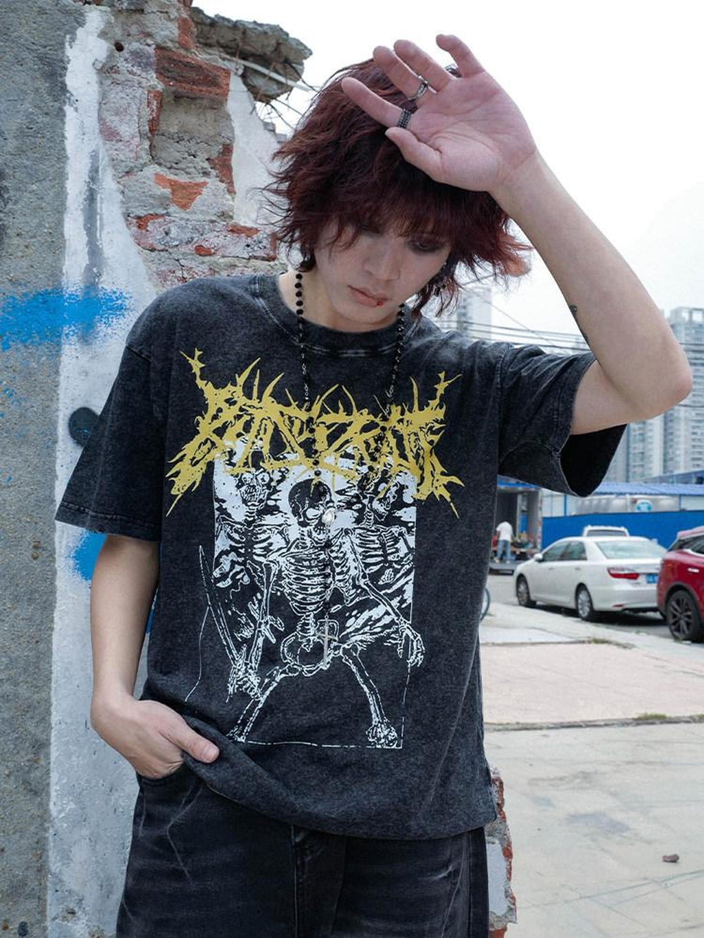 RebelSeed Washed Black Skull Print Loose Women's Cotton Short Sleeve T-shirts