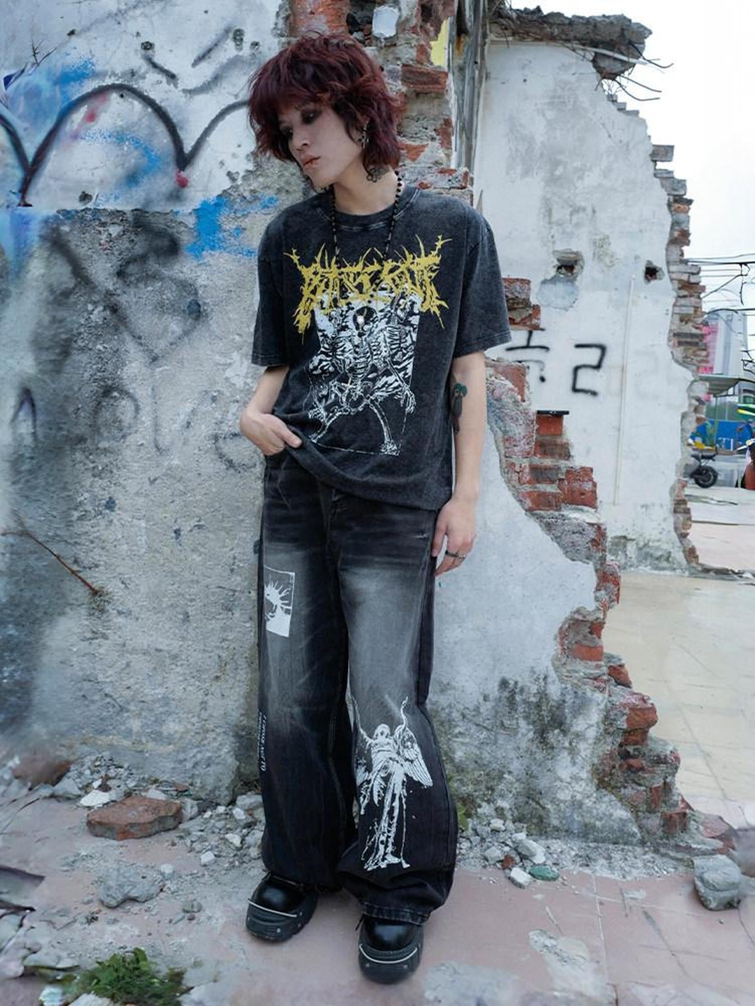 RebelSeed Washed Black Skull Print Loose Women's Cotton Short Sleeve T-shirts
