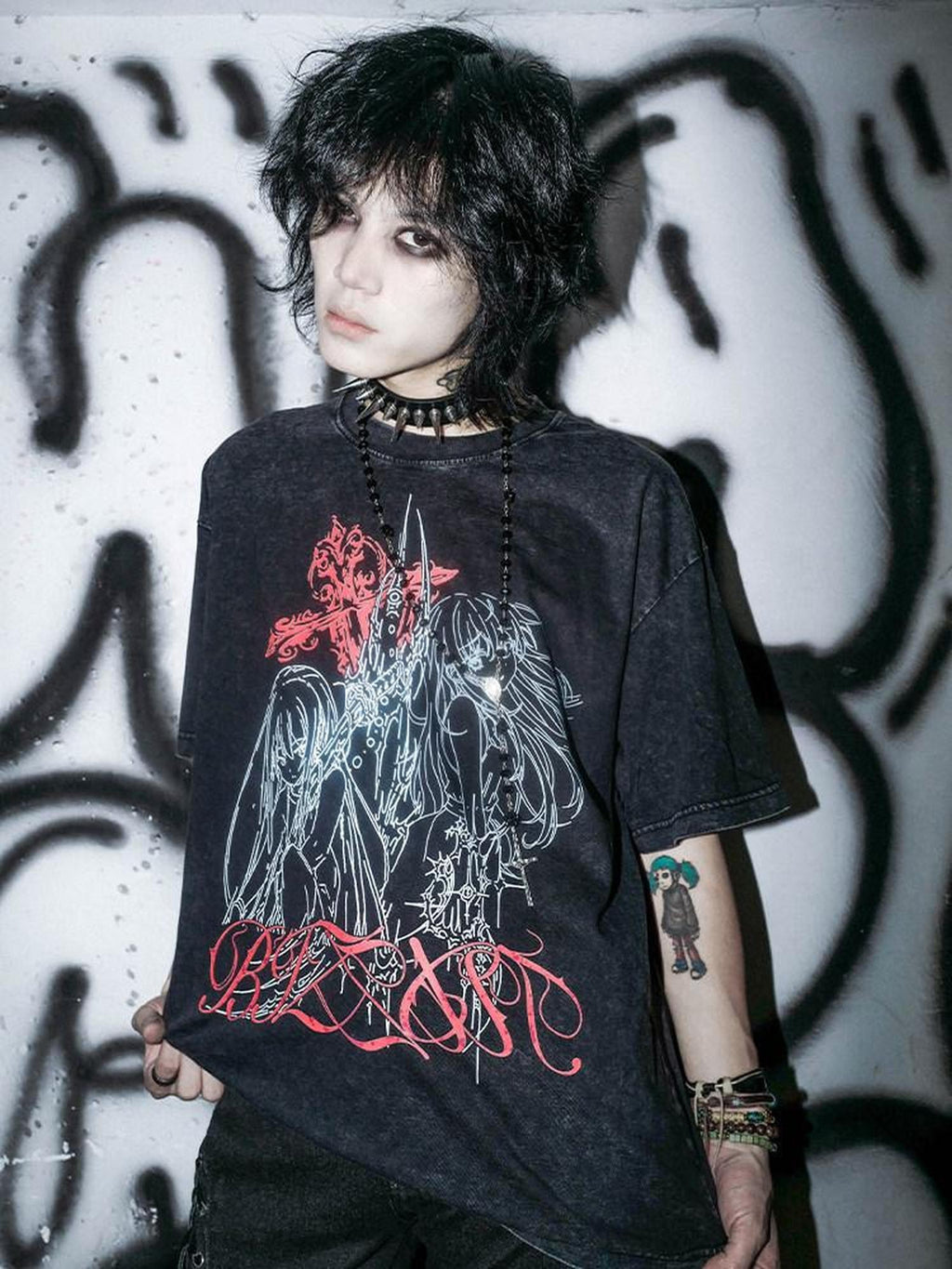 RebelSeed Washed Black Thorn Cross Heat Print Women's Cotton Short Sleeve T-shirts