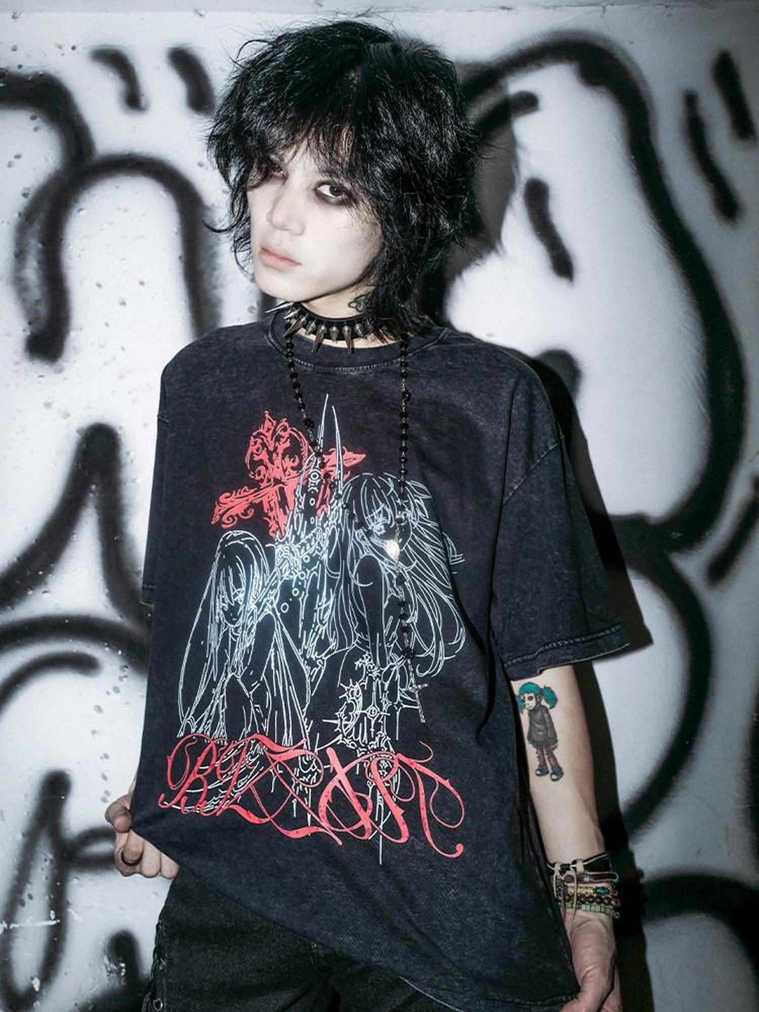 RebelSeed Washed Black Thorn Cross Heat Print Women's Cotton Short Sleeve T-shirts