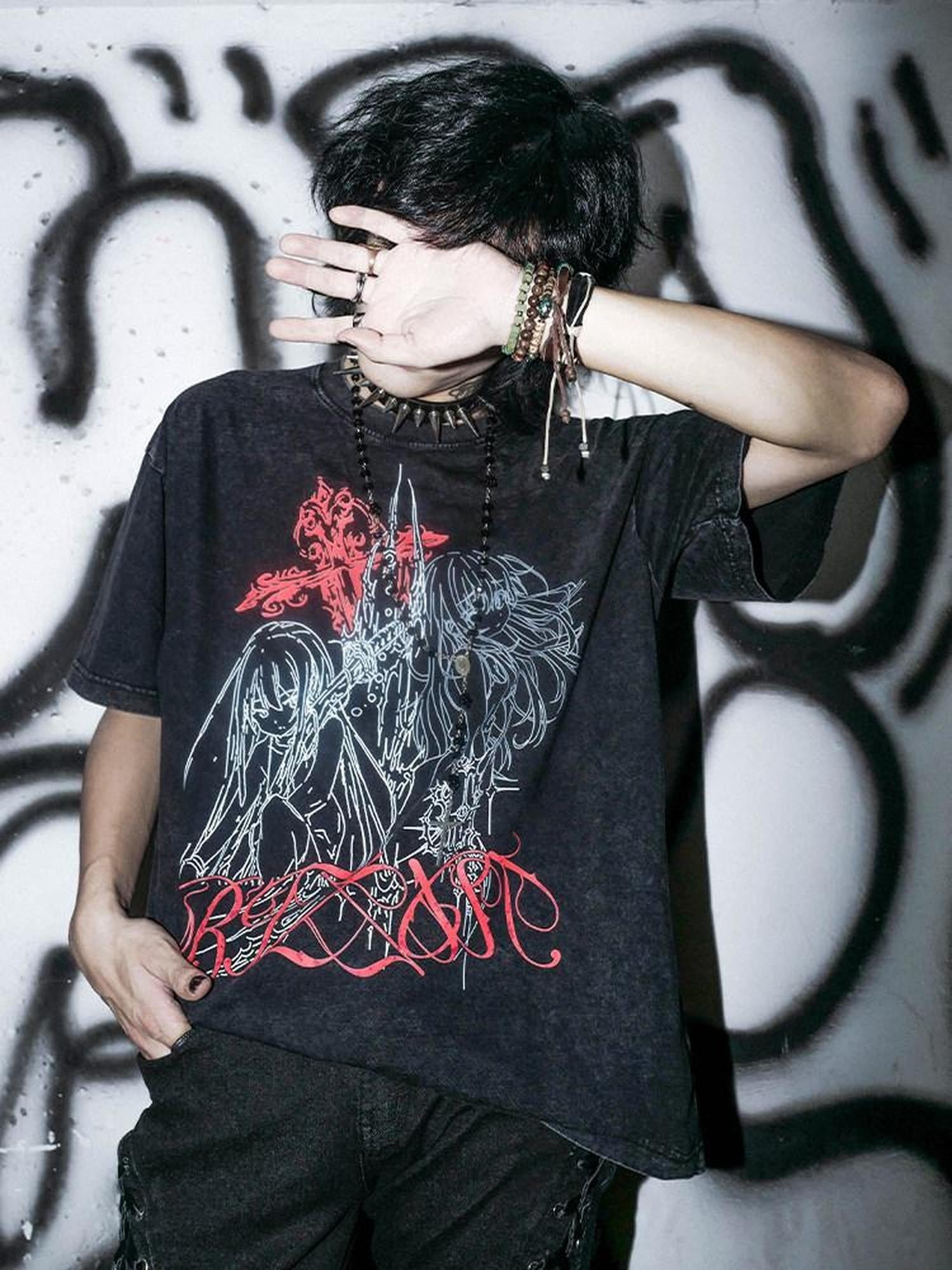 RebelSeed Washed Black Thorn Cross Heat Print Women's Cotton Short Sleeve T-shirts