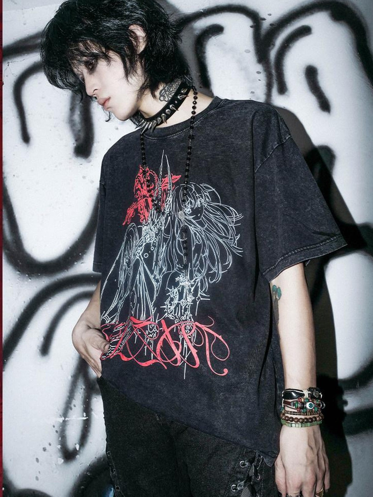 RebelSeed Washed Black Thorn Cross Heat Print Women's Cotton Short Sleeve T-shirts