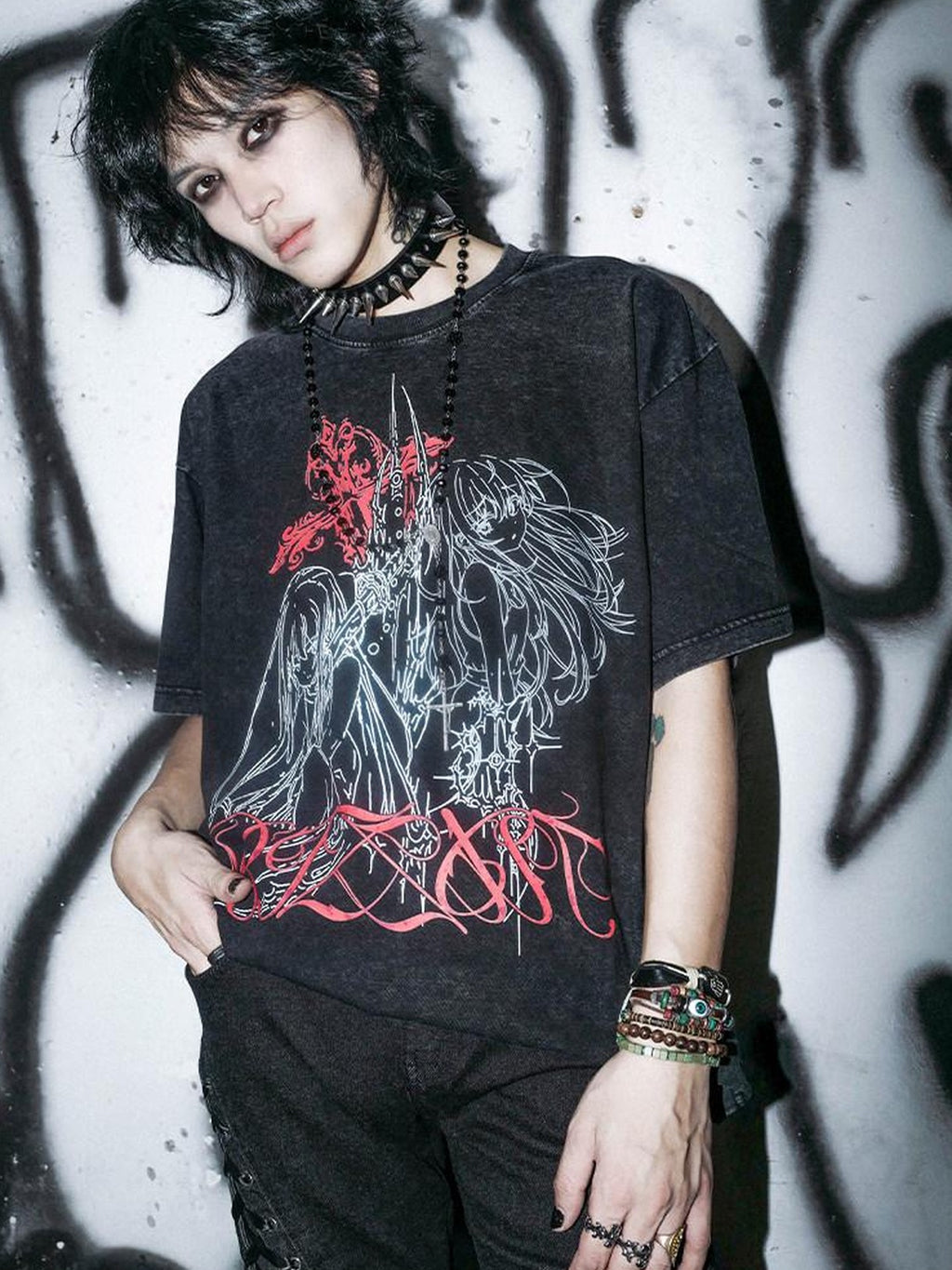 RebelSeed Washed Black Thorn Cross Heat Print Women's Cotton Short Sleeve T-shirts