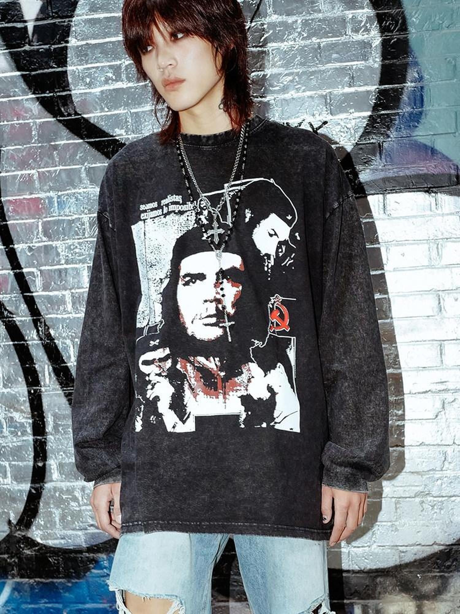RebelSeed Washed Black Tie Dye Print Vintage Rock Women's Cotton Long Sleeve T-shirts