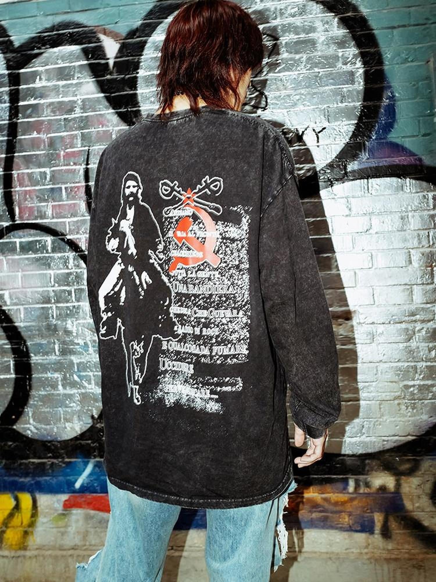 RebelSeed Washed Black Tie Dye Print Vintage Rock Women's Cotton Long Sleeve T-shirts