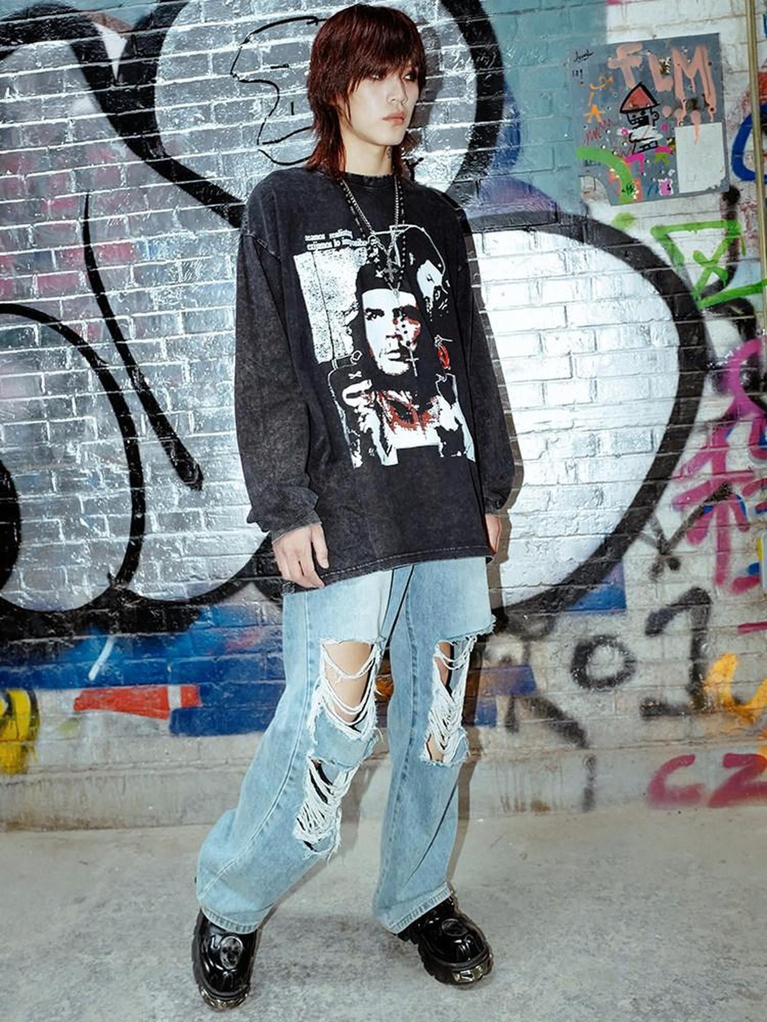 RebelSeed Washed Black Tie Dye Print Vintage Rock Women's Cotton Long Sleeve T-shirts