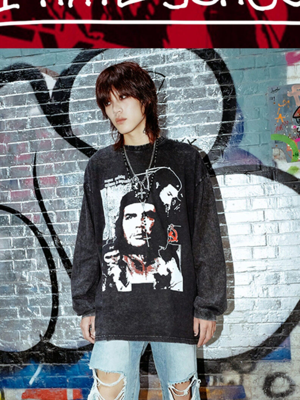 RebelSeed Washed Black Tie Dye Print Vintage Rock Women's Cotton Long Sleeve T-shirts