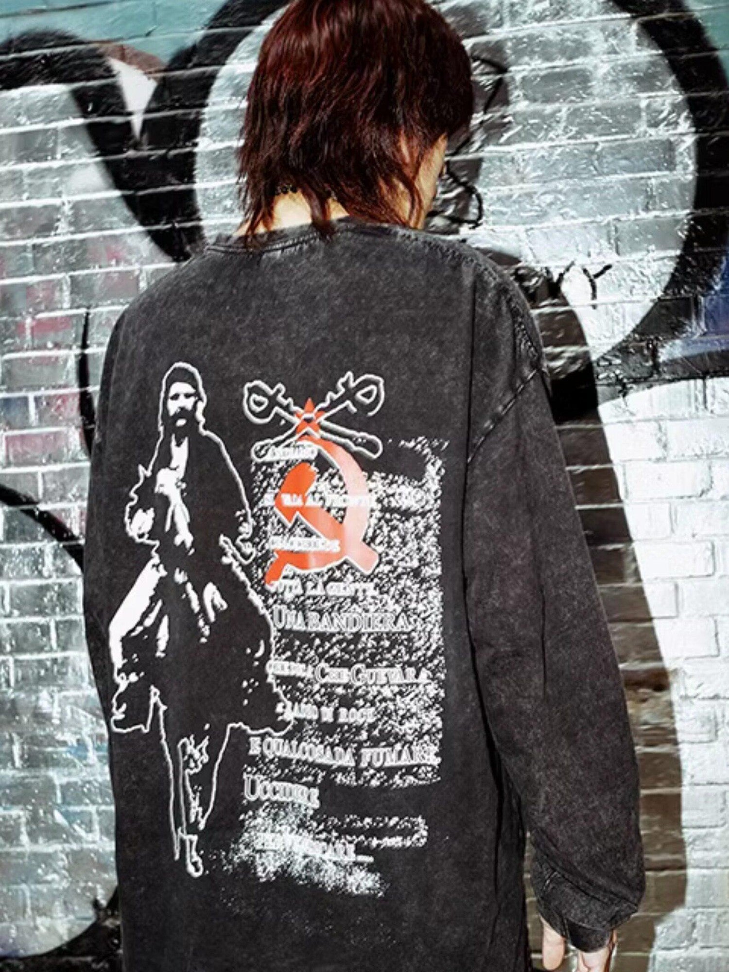 RebelSeed Washed Black Tie Dye Print Vintage Rock Women's Cotton Long Sleeve T-shirts