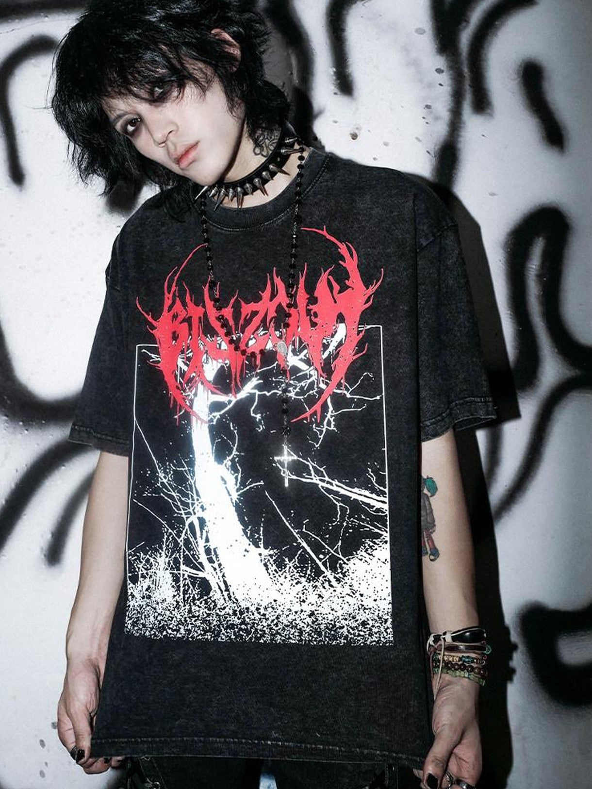 RebelSeed Washed Black Tree Leaf Heat Transfer Print Women's Cotton Short Sleeve T-shirts