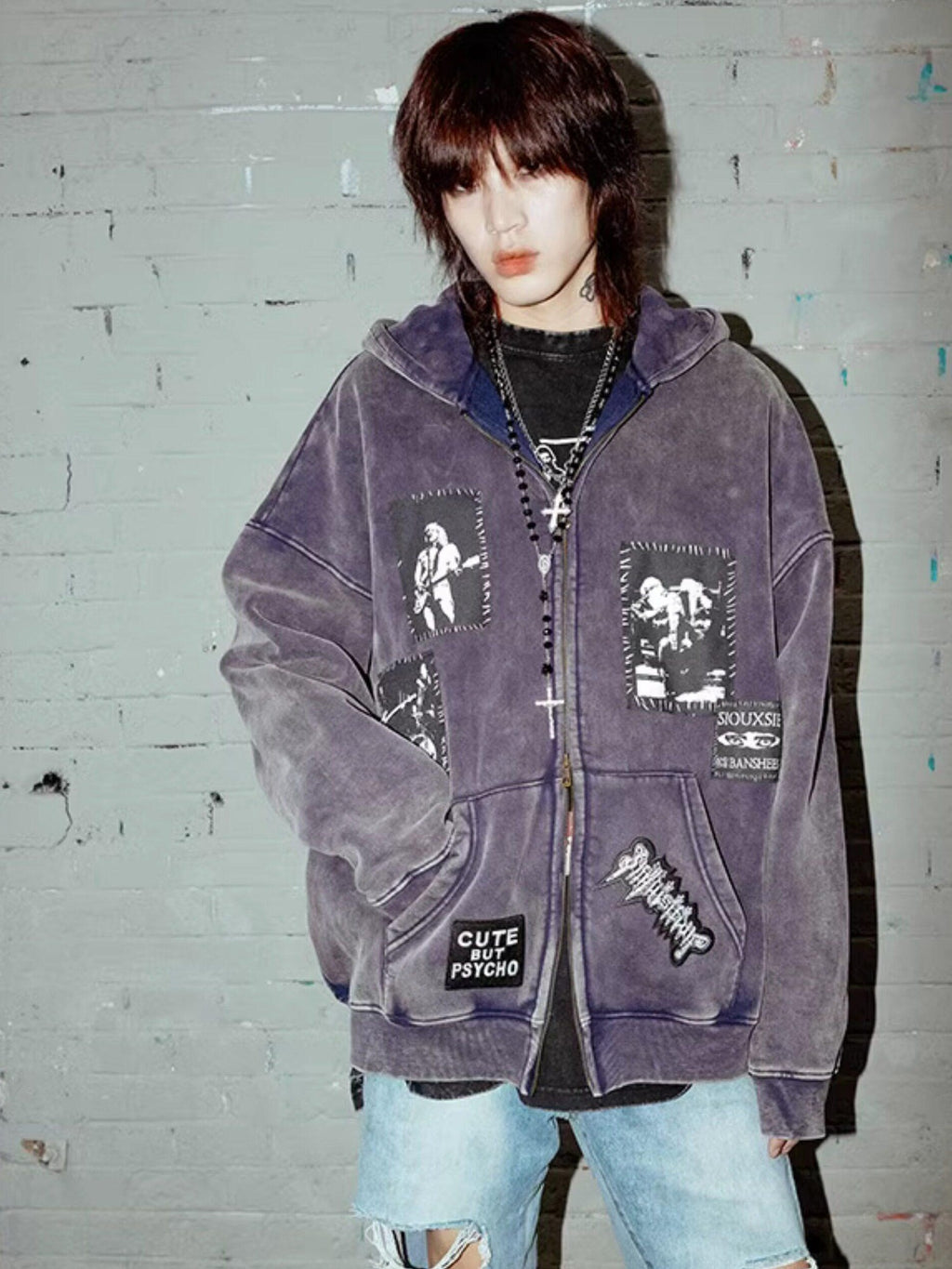 RebelSeed Washed Blue Rock Print Raglan Women's Cotton Zip-up Hoodies