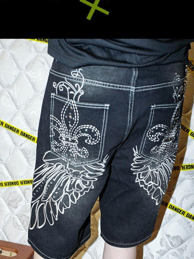 RebelSeed Washed Distressed Embroidered Wing Studded Ripped Women's Denim Bermuda Shorts