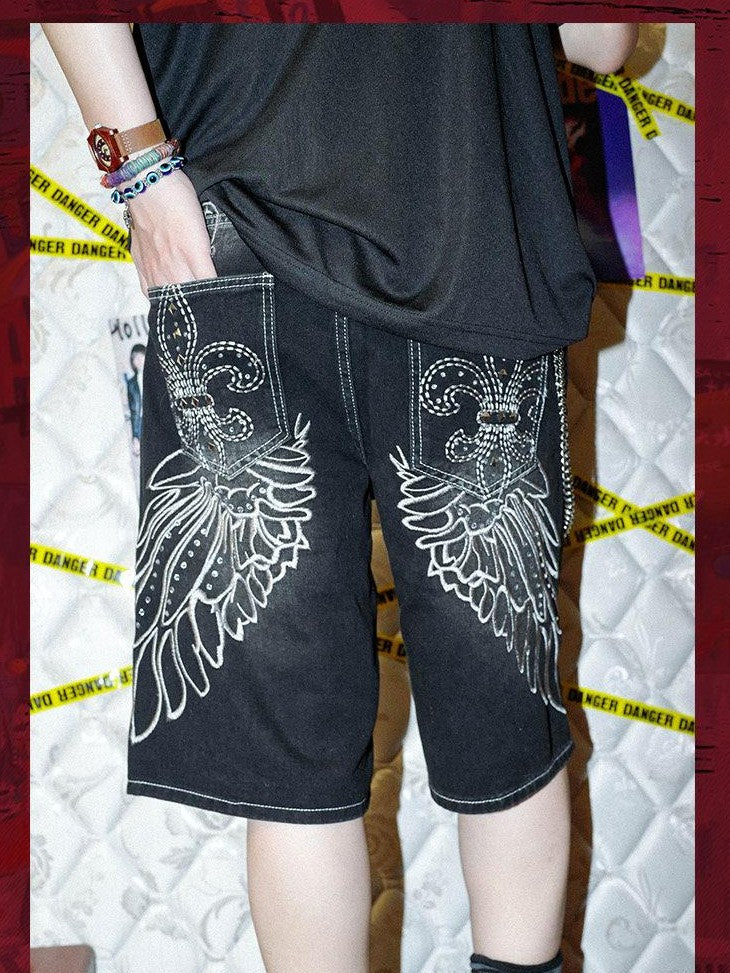 RebelSeed Washed Distressed Embroidered Wing Studded Ripped Women's Denim Bermuda Shorts