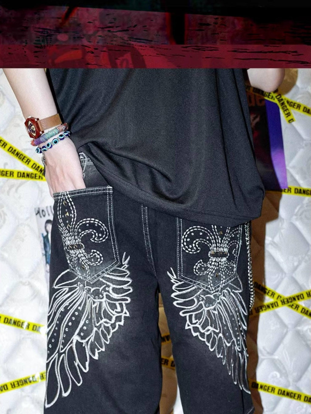 RebelSeed Washed Distressed Wing Embroidered Ripped Cargo Women's Denim Bermuda Shorts