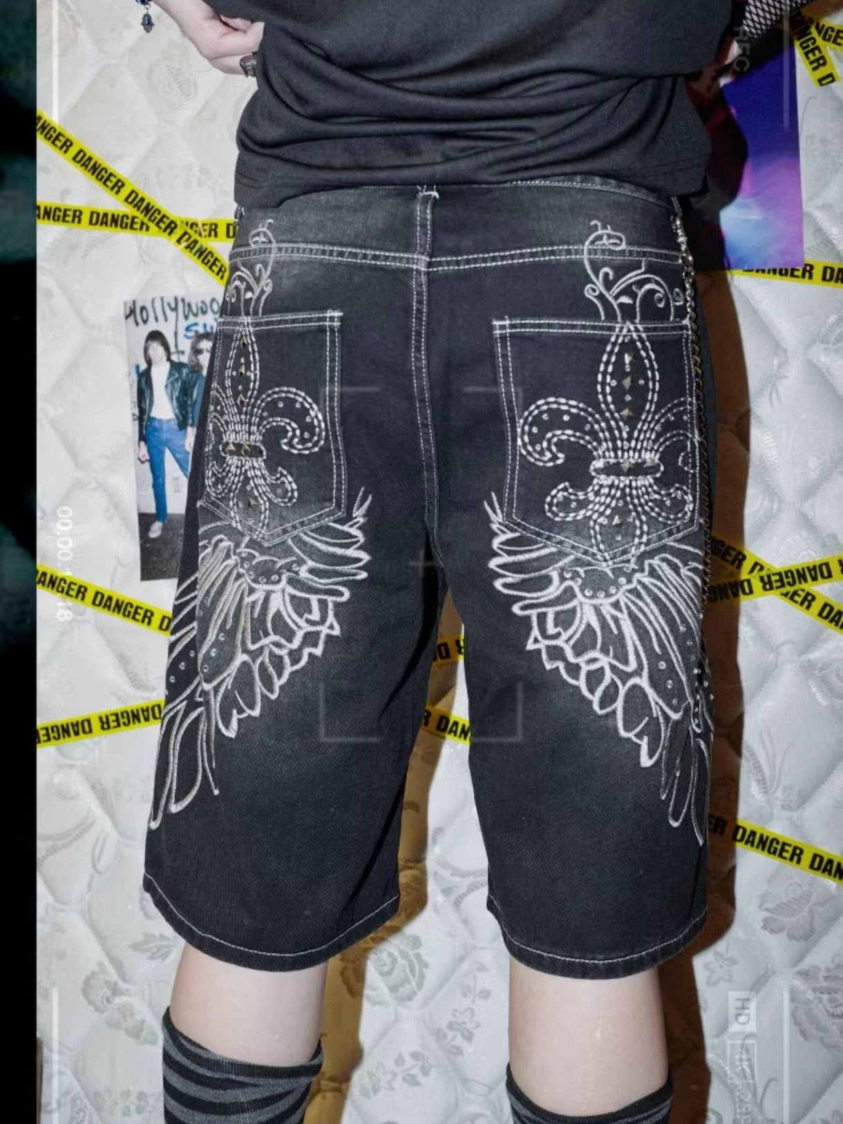 RebelSeed Washed Distressed Wing Embroidered Ripped Cargo Women's Denim Bermuda Shorts