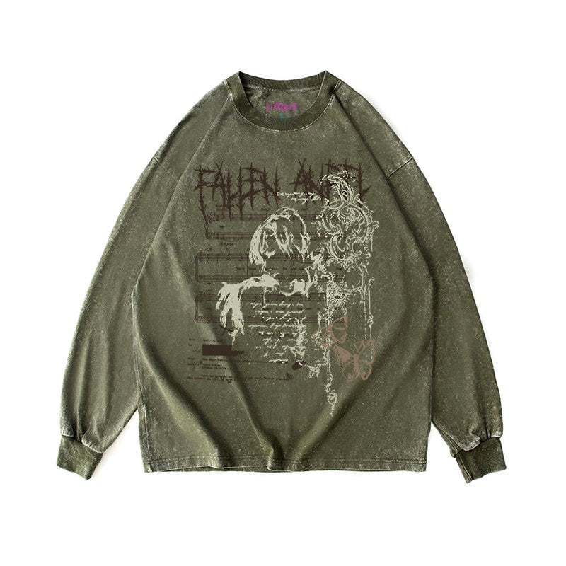 RebelSeed_Washed_Green_Note_Print_Punk_Raglan_Women's_Cotton_Long_Sleeve_T-shirts_734048352543_MISSTT