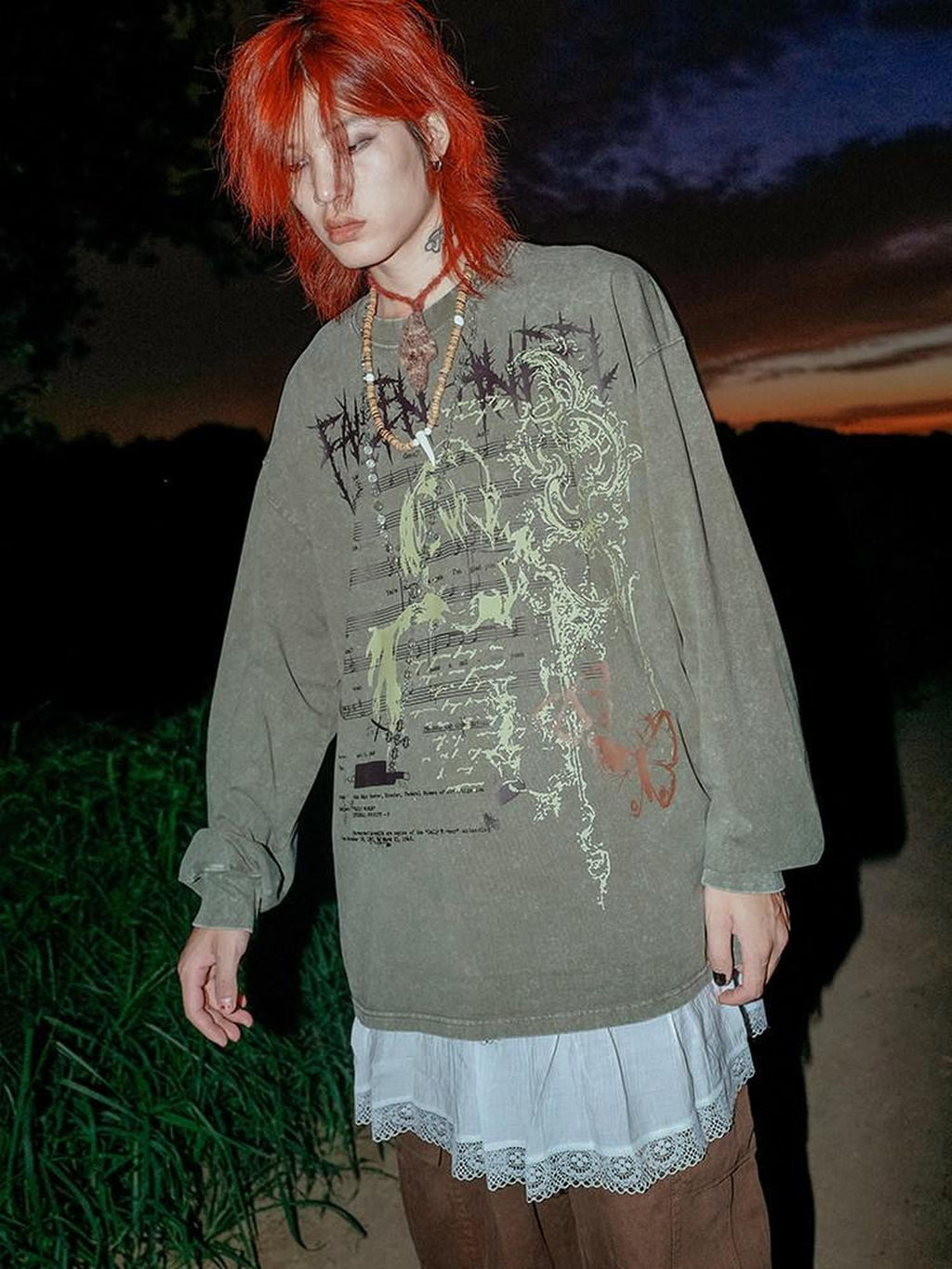 RebelSeed Washed Green Note Print Punk Raglan Women's Cotton Long Sleeve T-shirts