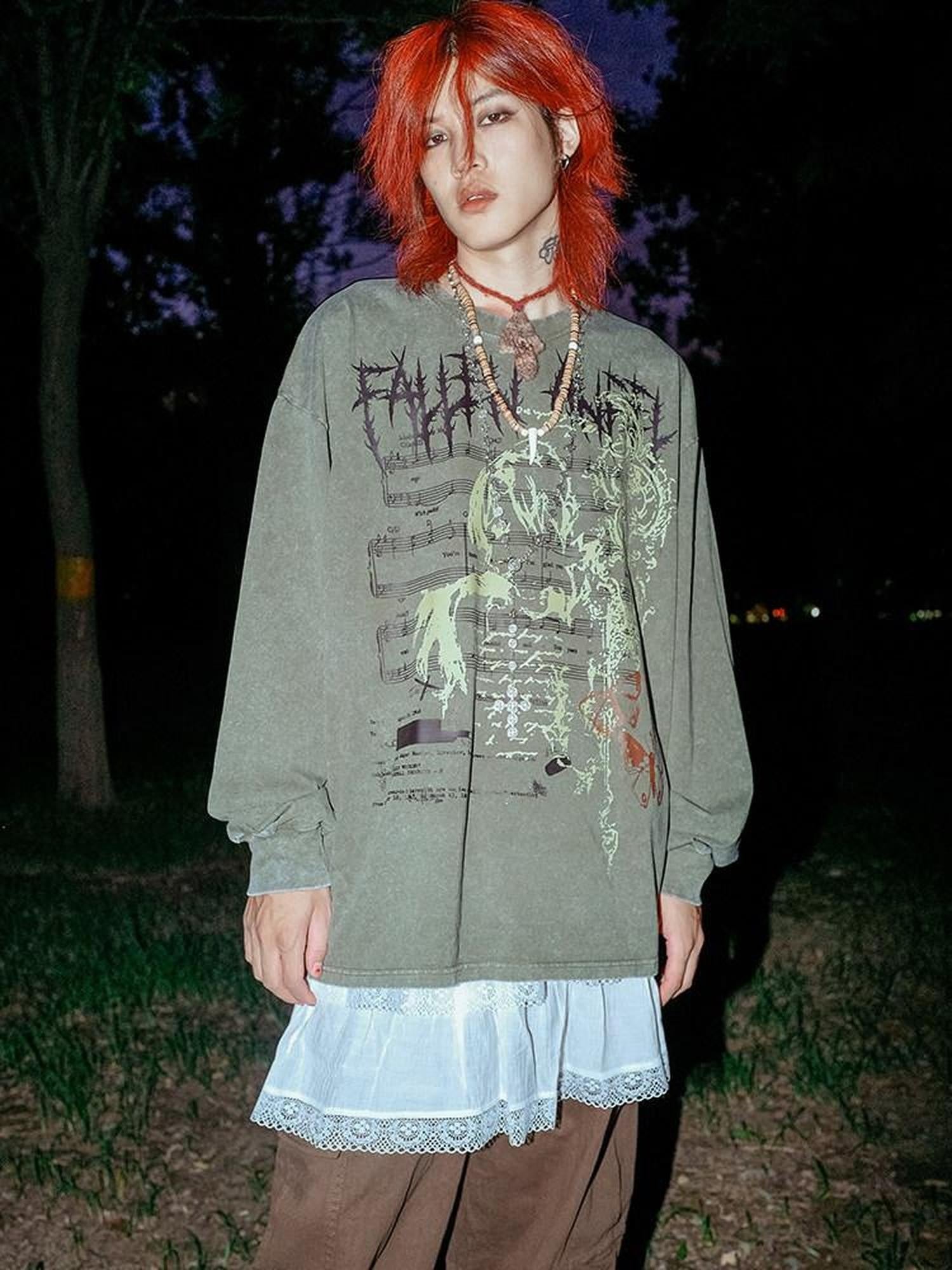 RebelSeed Washed Green Note Print Punk Raglan Women's Cotton Long Sleeve T-shirts