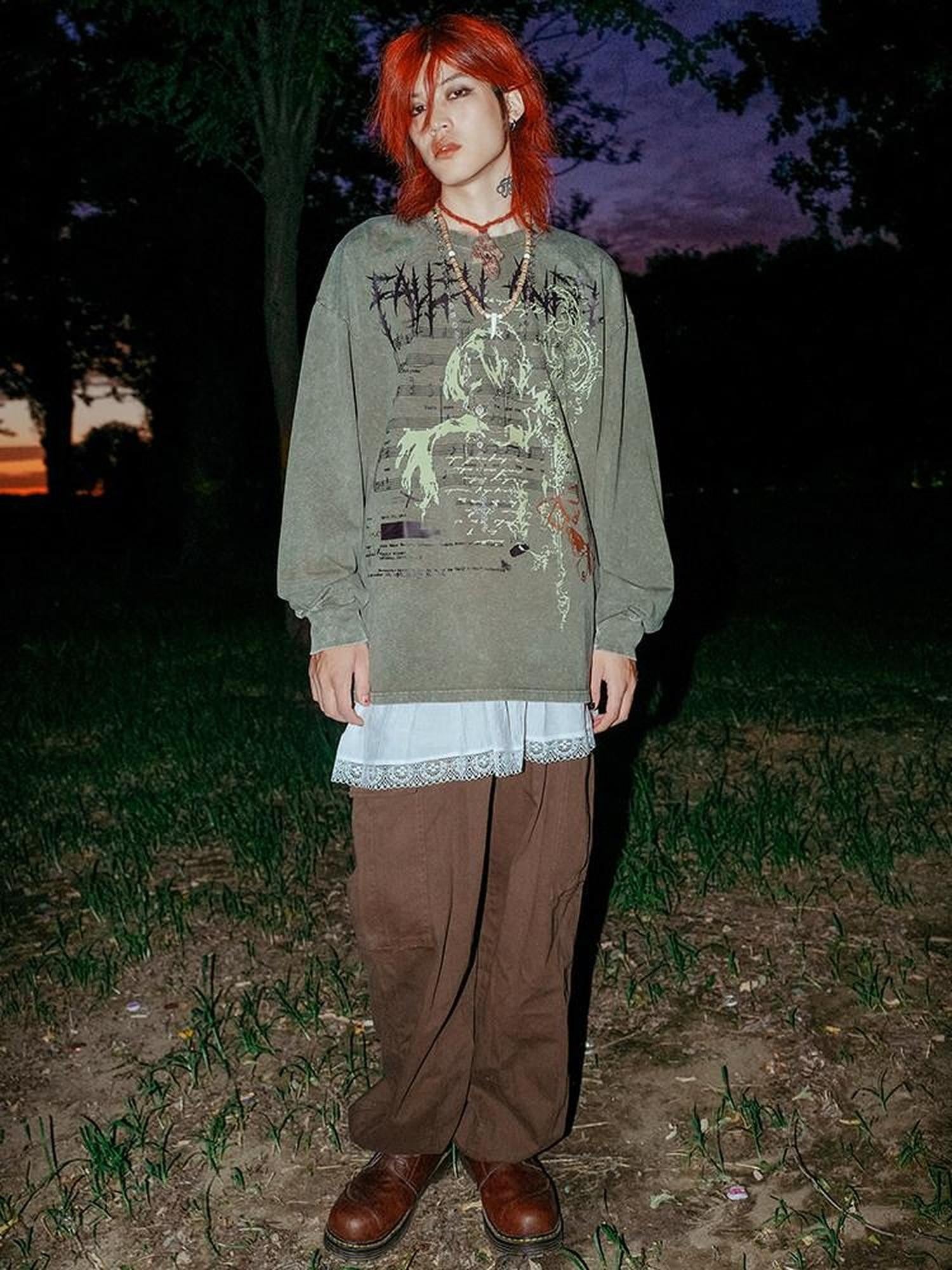 RebelSeed Washed Green Note Print Punk Raglan Women's Cotton Long Sleeve T-shirts