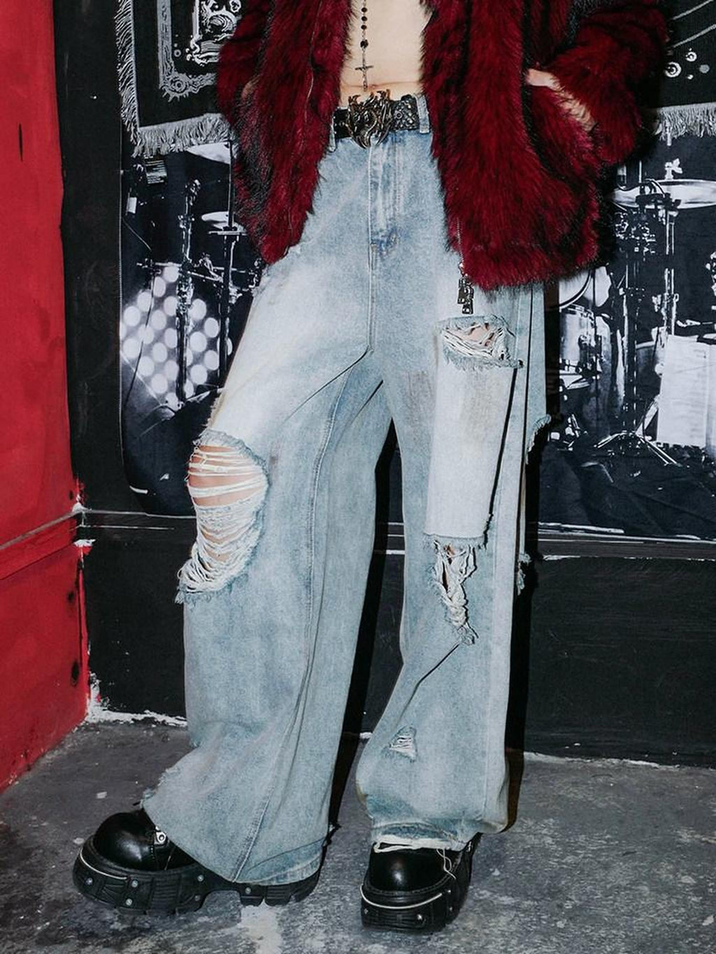 RebelSeed Washed Light Blue Grunge Ripped Distressed Women's Cotton Denim Wide-leg Jeans