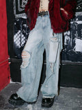RebelSeed Washed Light Blue Grunge Ripped Distressed Women's Cotton Denim Wide-leg Jeans