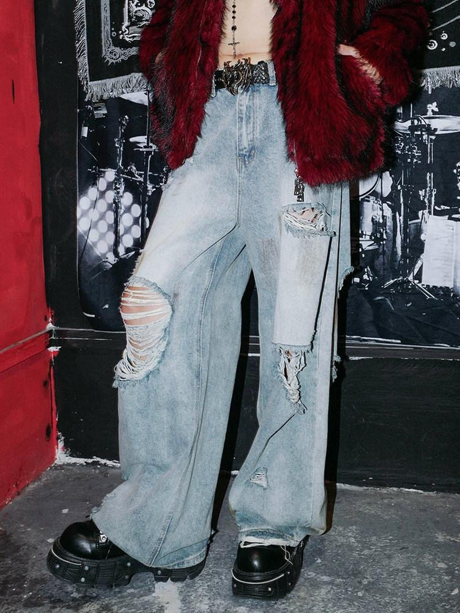 RebelSeed Washed Light Blue Grunge Ripped Distressed Women's Cotton Denim Wide-leg Jeans