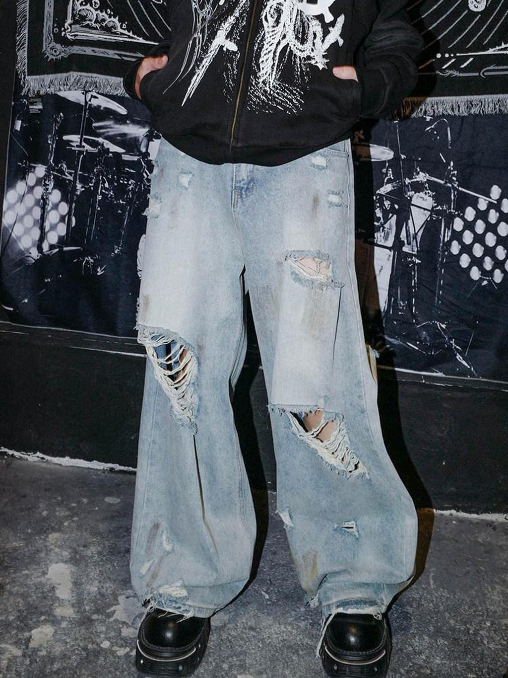 RebelSeed Washed Light Blue Grunge Ripped Distressed Women's Cotton Denim Wide-leg Jeans