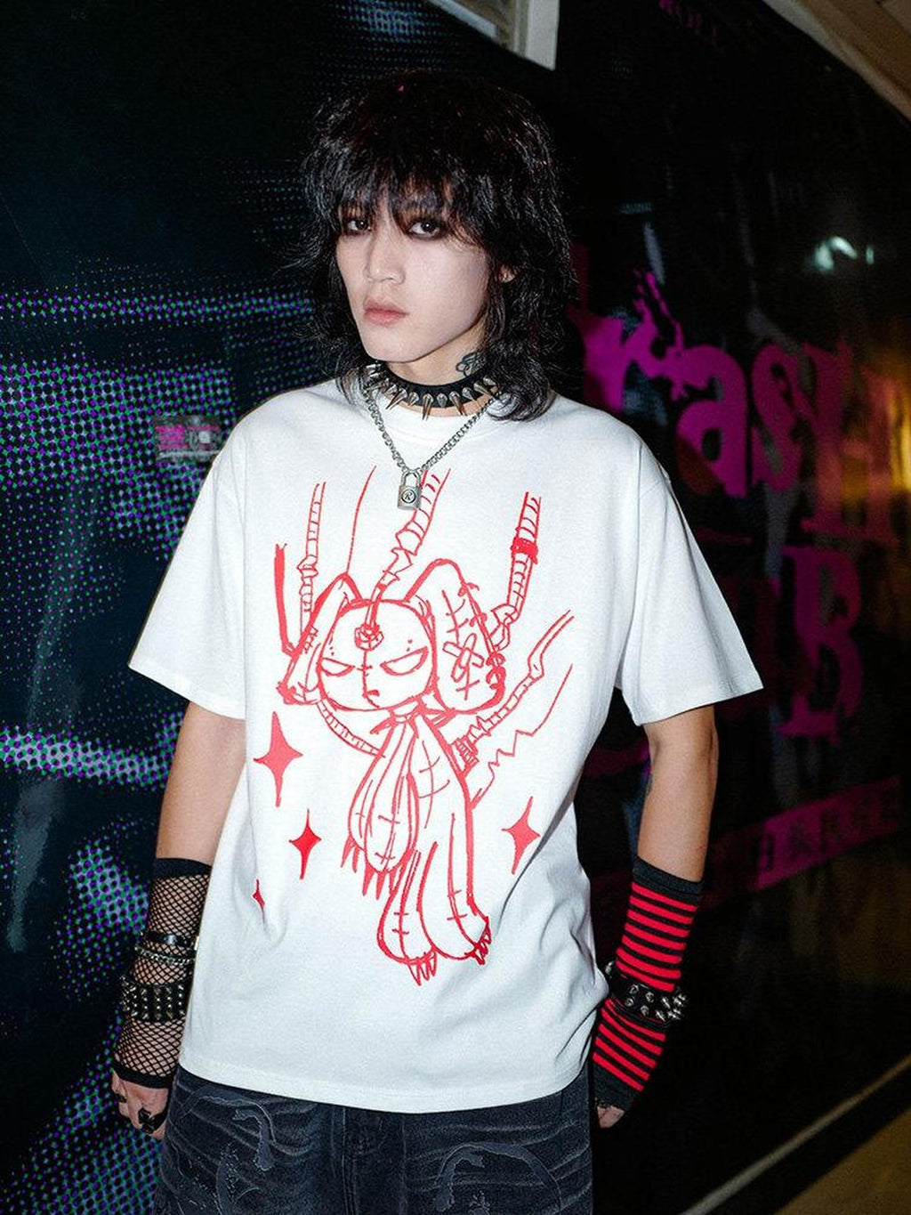 RebelSeed White Cyber Rabbit Heat Transfer Punk Loose Women's Cotton Short Sleeve T-shirts