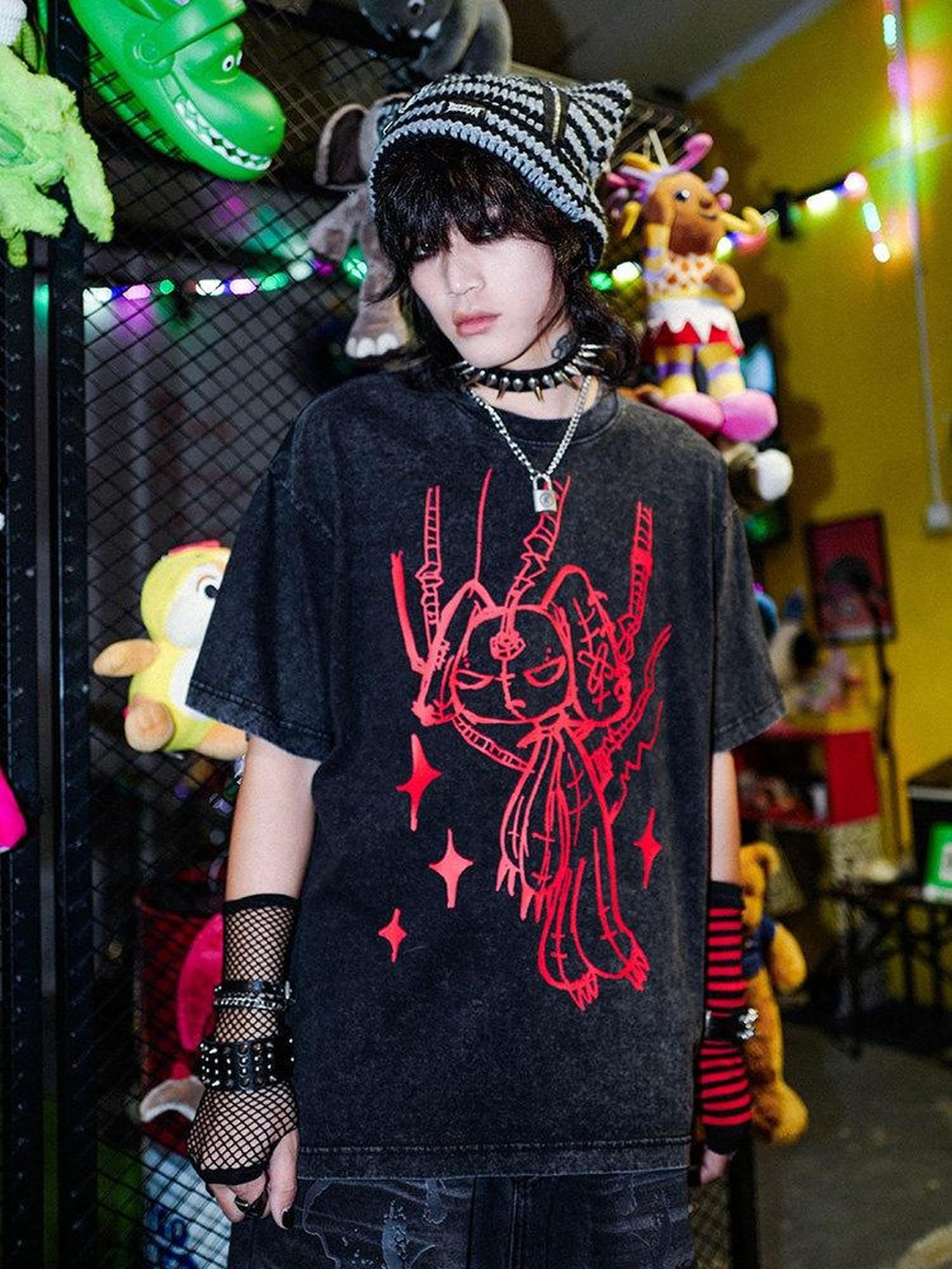 RebelSeed White Cyber Rabbit Heat Transfer Punk Loose Women's Cotton Short Sleeve T-shirts
