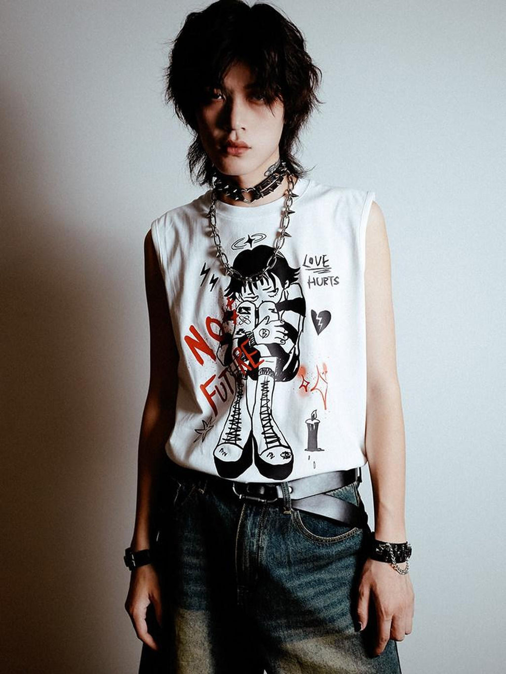 RebelSeed White Punk Distressed Loose Character Print Women's Cotton Tank Tops