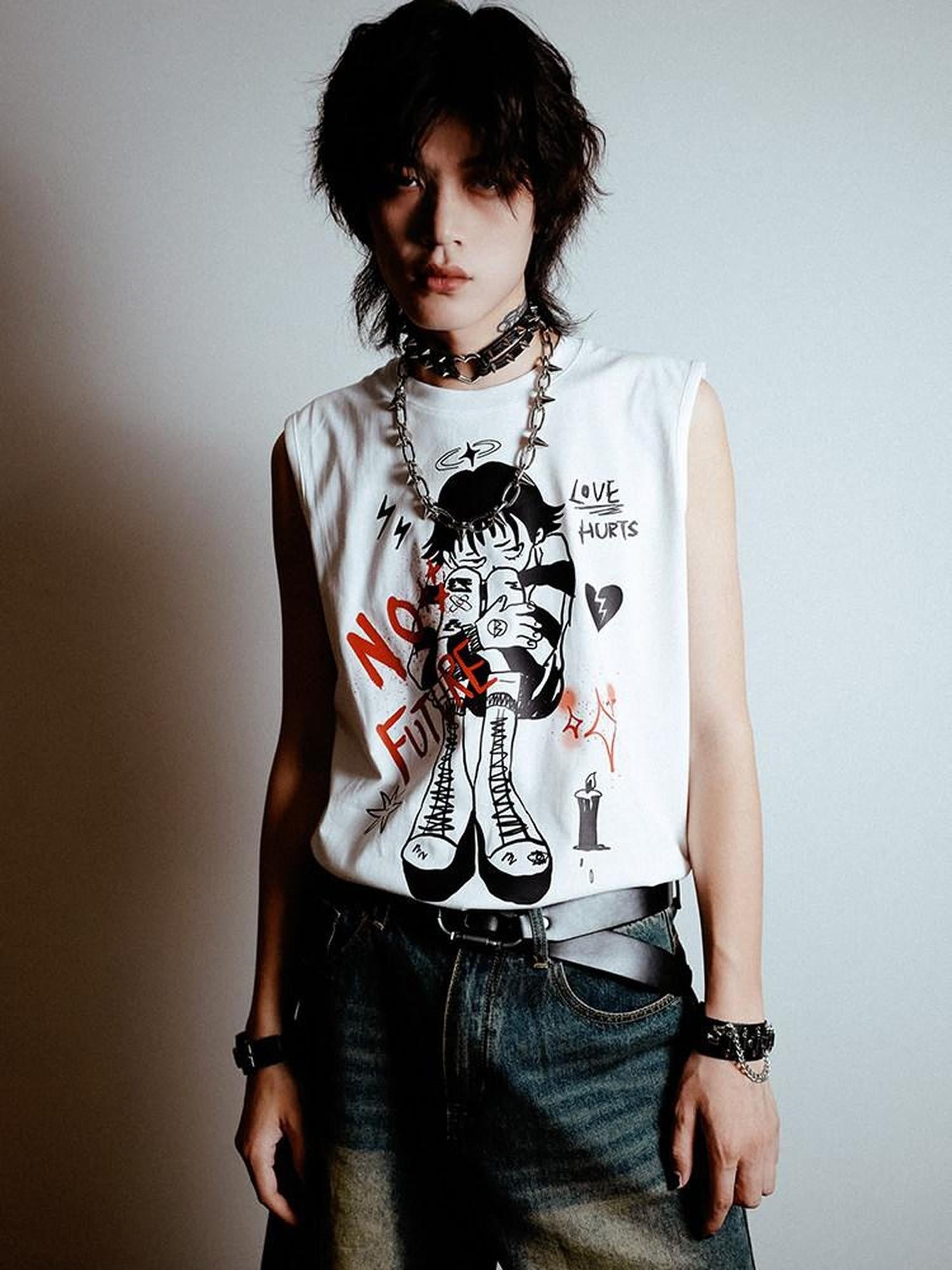 RebelSeed White Punk Distressed Loose Character Print Women's Cotton Tank Tops