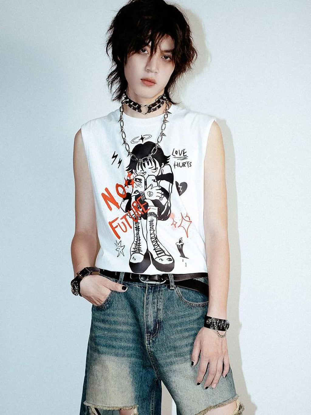 RebelSeed White Punk Distressed Loose Character Print Women's Cotton Tank Tops