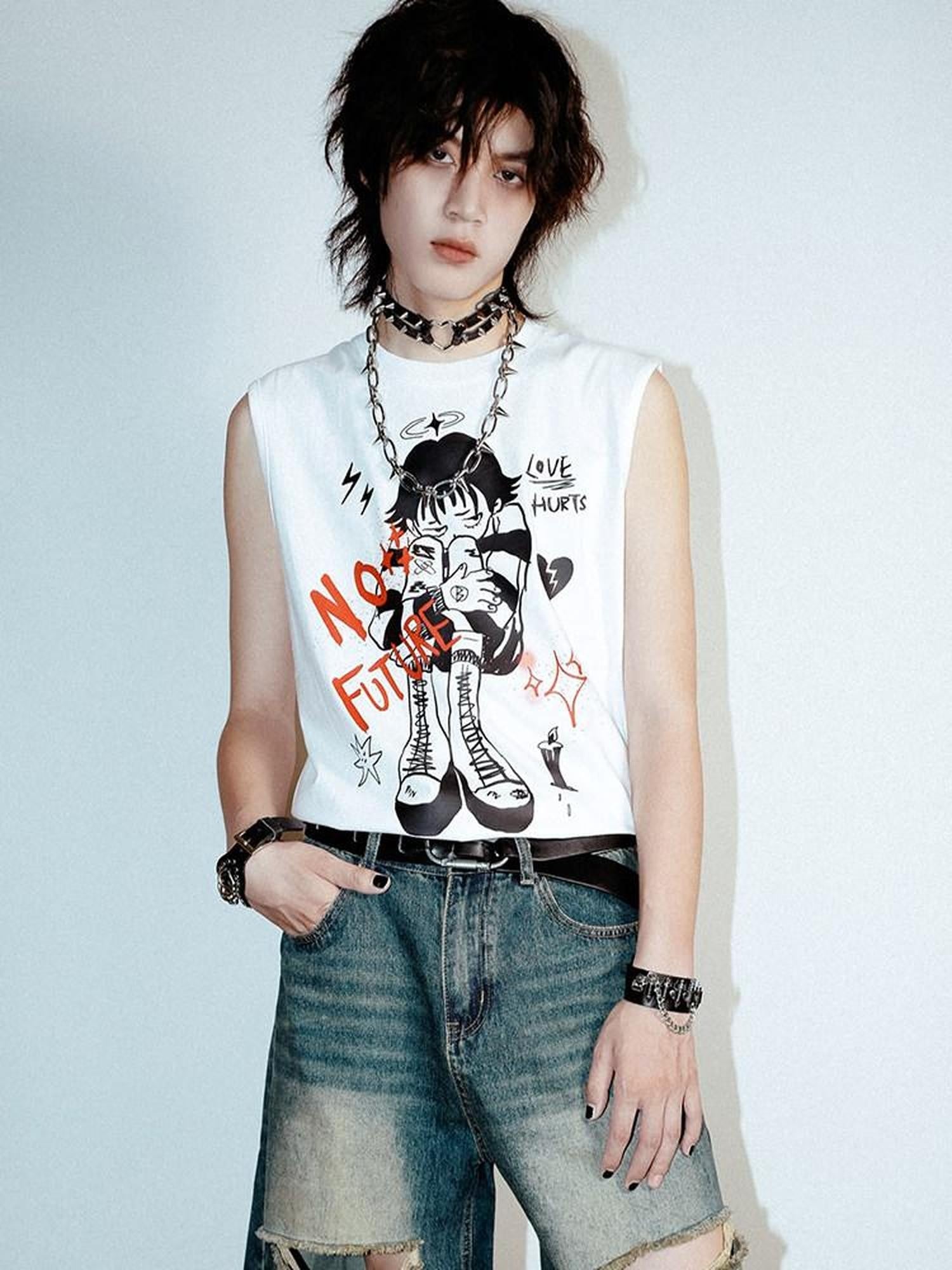 RebelSeed White Punk Distressed Loose Character Print Women's Cotton Tank Tops