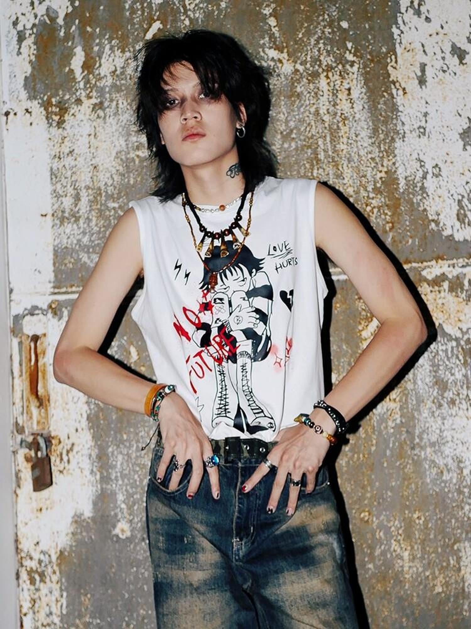 RebelSeed White Punk Distressed Loose Character Print Women's Cotton Tank Tops