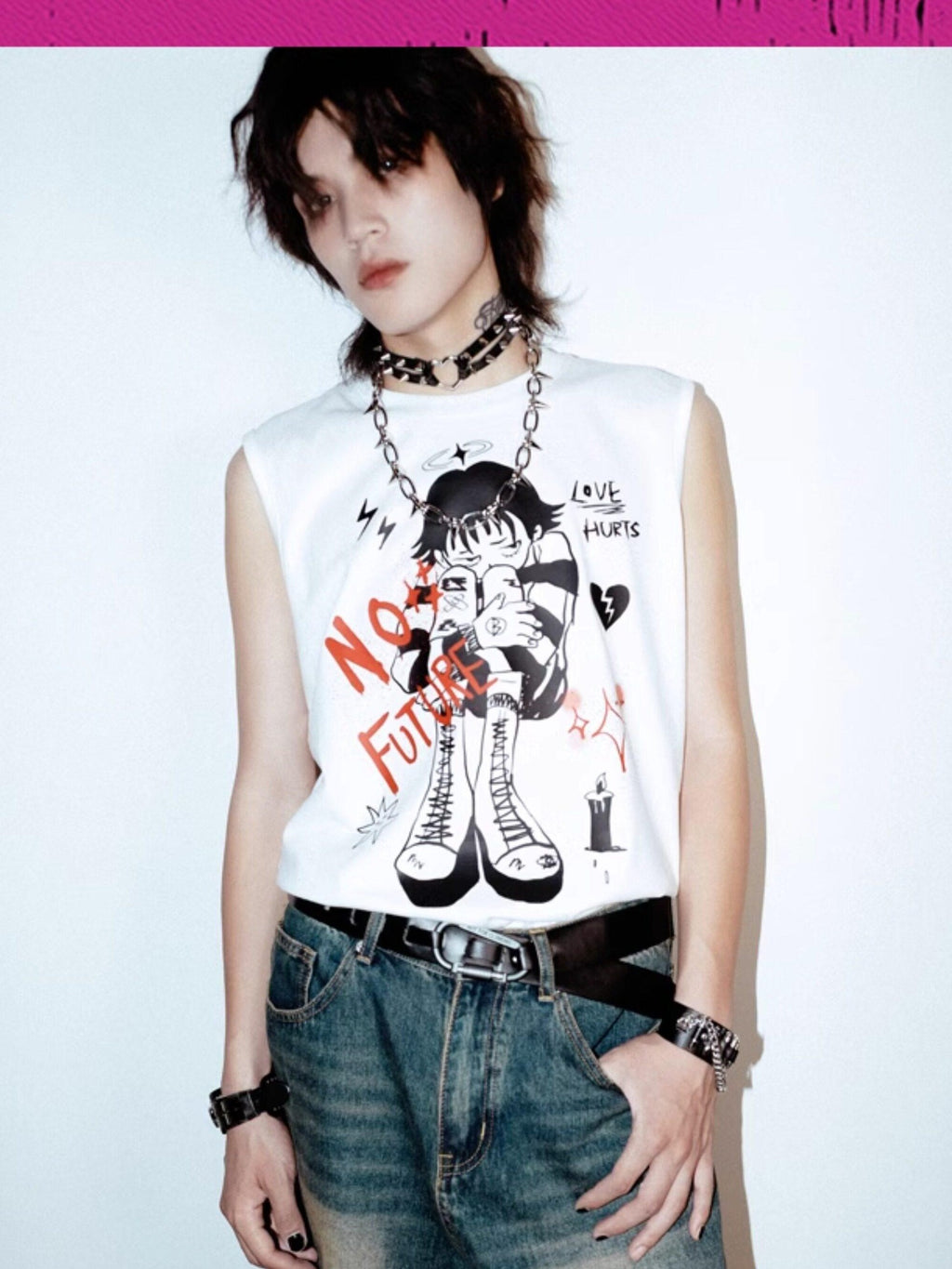 RebelSeed White Punk Distressed Loose Character Print Women's Cotton Tank Tops
