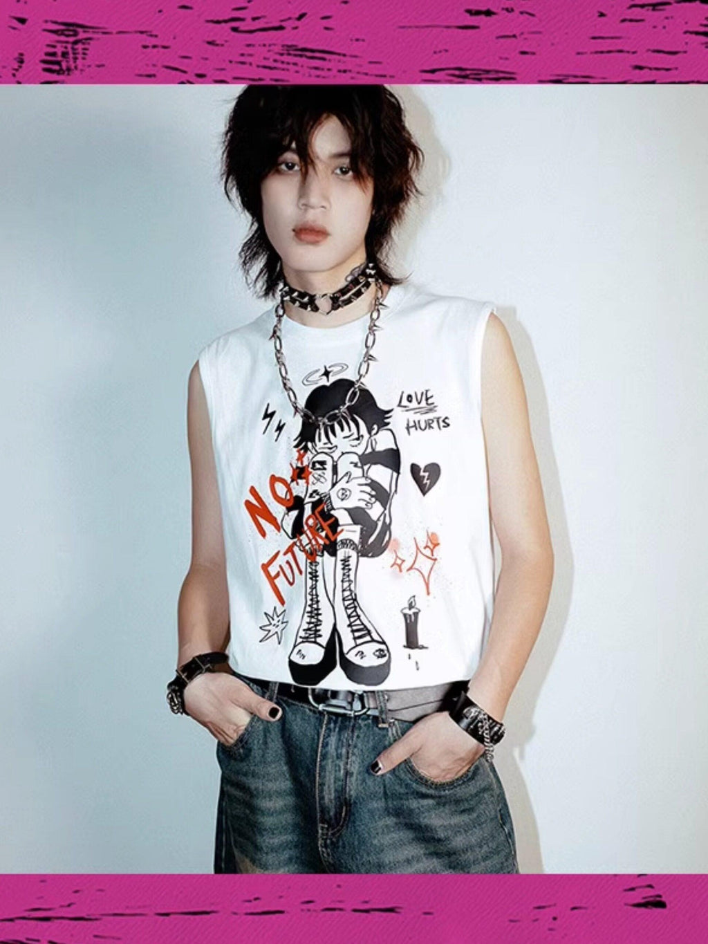 RebelSeed White Punk Distressed Loose Character Print Women's Cotton Tank Tops