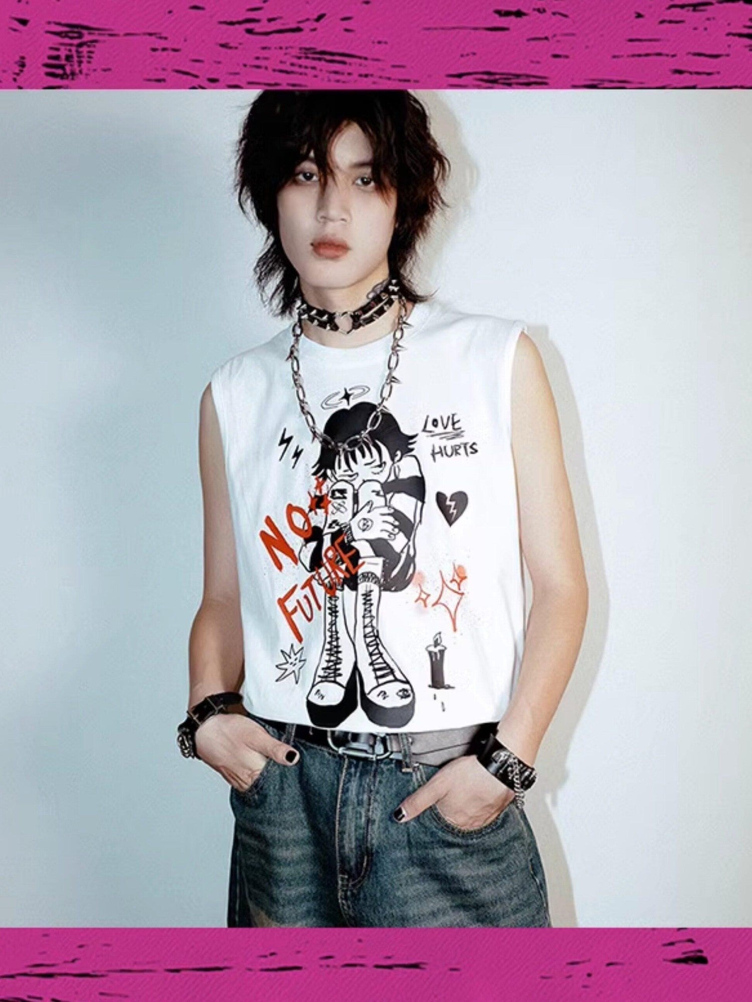 RebelSeed White Punk Distressed Loose Character Print Women's Cotton Tank Tops