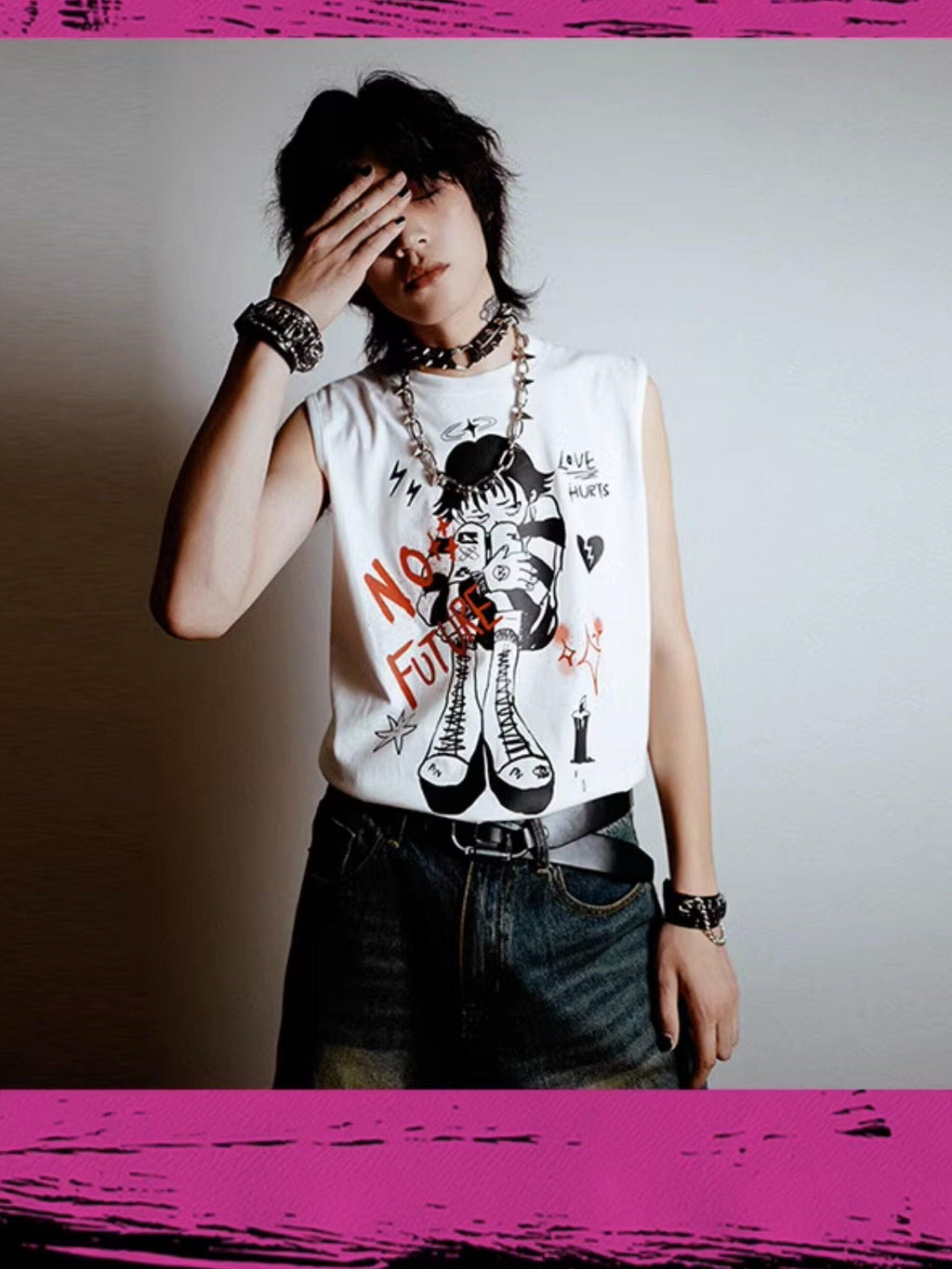 RebelSeed White Punk Distressed Loose Character Print Women's Cotton Tank Tops