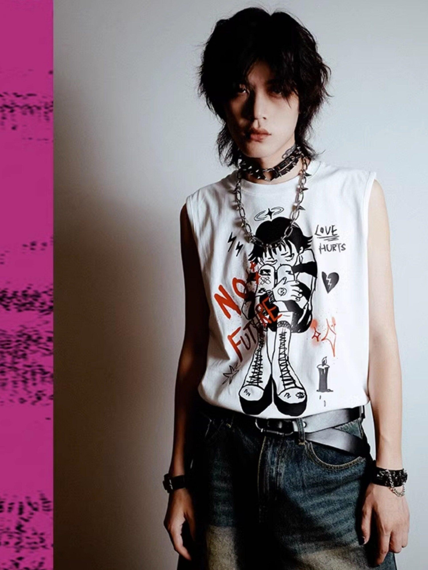 RebelSeed White Punk Distressed Loose Character Print Women's Cotton Tank Tops