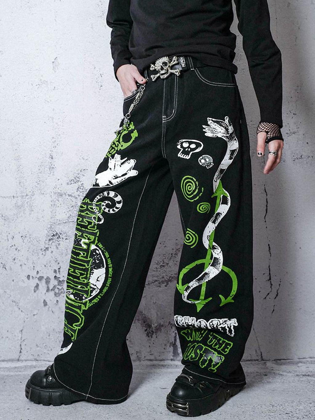 RebelSeed Y2k Graffiti Embroidery Topstitch Distressed Women's Denim Wide-leg Jeans