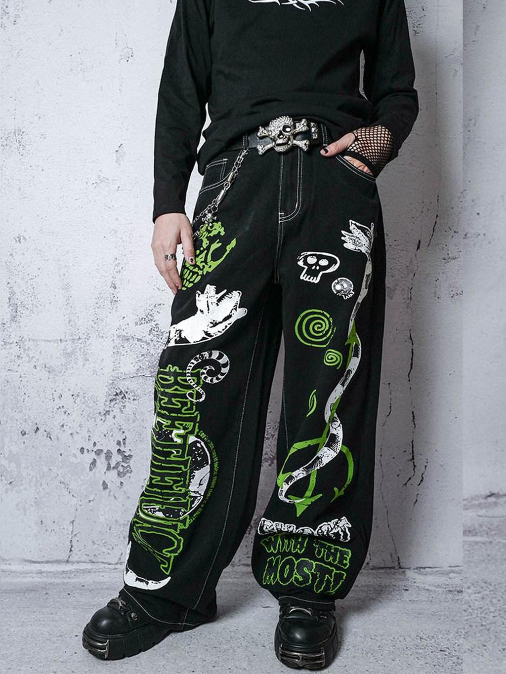 RebelSeed Y2k Graffiti Embroidery Topstitch Distressed Women's Denim Wide-leg Jeans