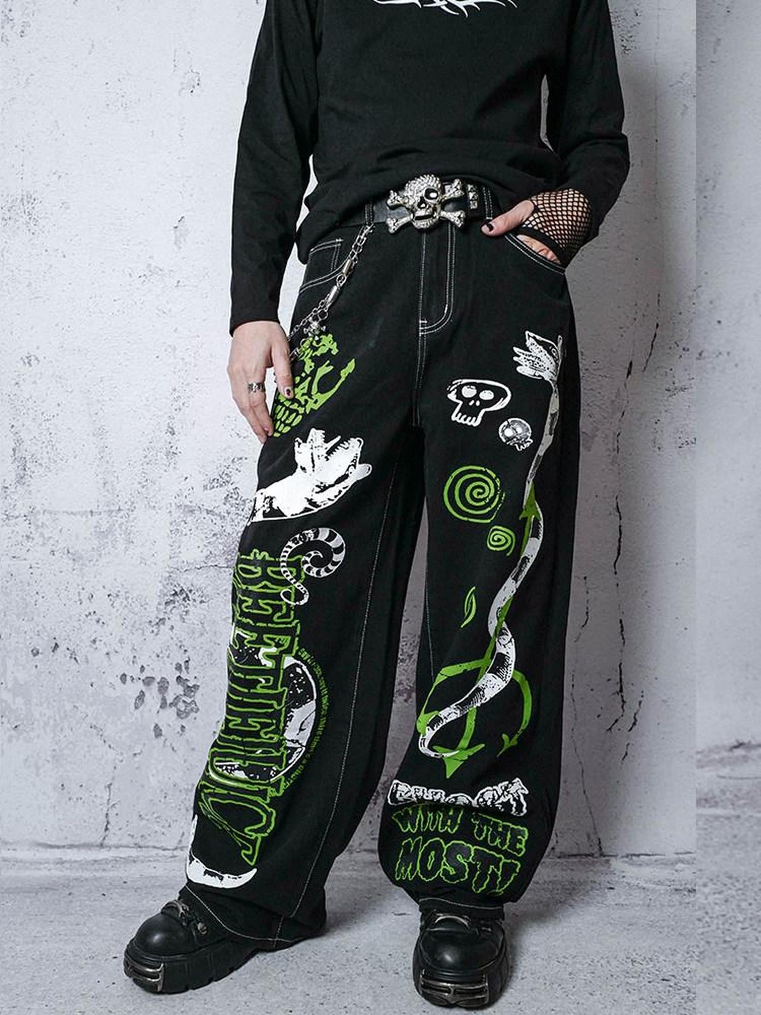 RebelSeed Y2k Graffiti Embroidery Topstitch Distressed Women's Denim Wide-leg Jeans