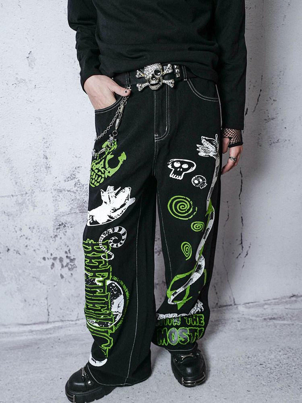 RebelSeed Y2k Graffiti Embroidery Topstitch Distressed Women's Denim Wide-leg Jeans