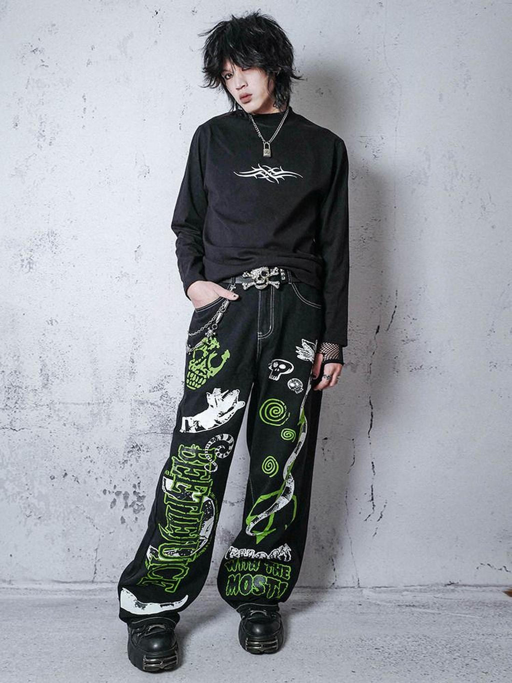 RebelSeed Y2k Graffiti Embroidery Topstitch Distressed Women's Denim Wide-leg Jeans