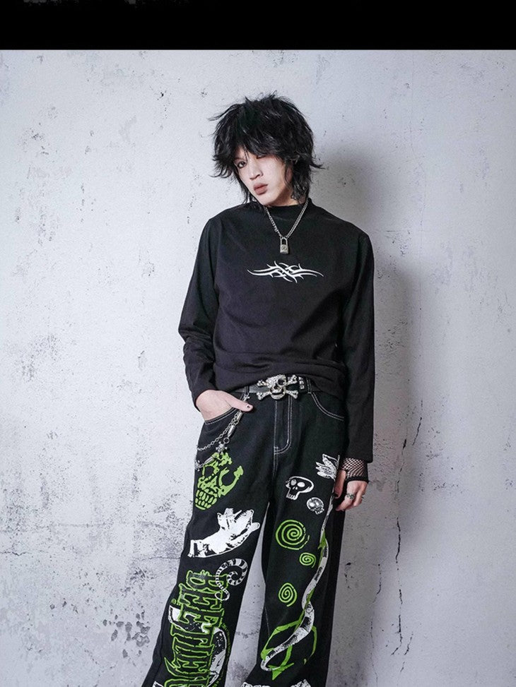 RebelSeed Y2k Graffiti Embroidery Topstitch Distressed Women's Denim Wide-leg Jeans