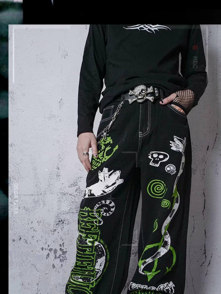 RebelSeed Y2k Graffiti Embroidery Topstitch Distressed Women's Denim Wide-leg Jeans