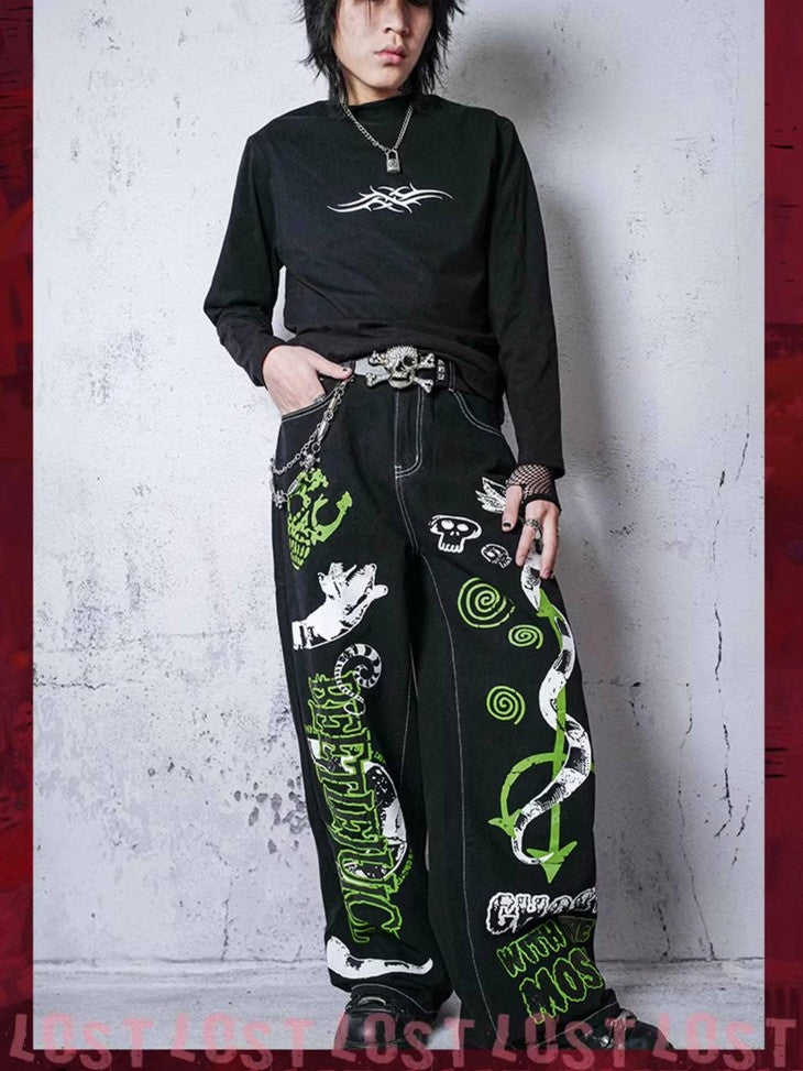 RebelSeed Y2k Graffiti Embroidery Topstitch Distressed Women's Denim Wide-leg Jeans